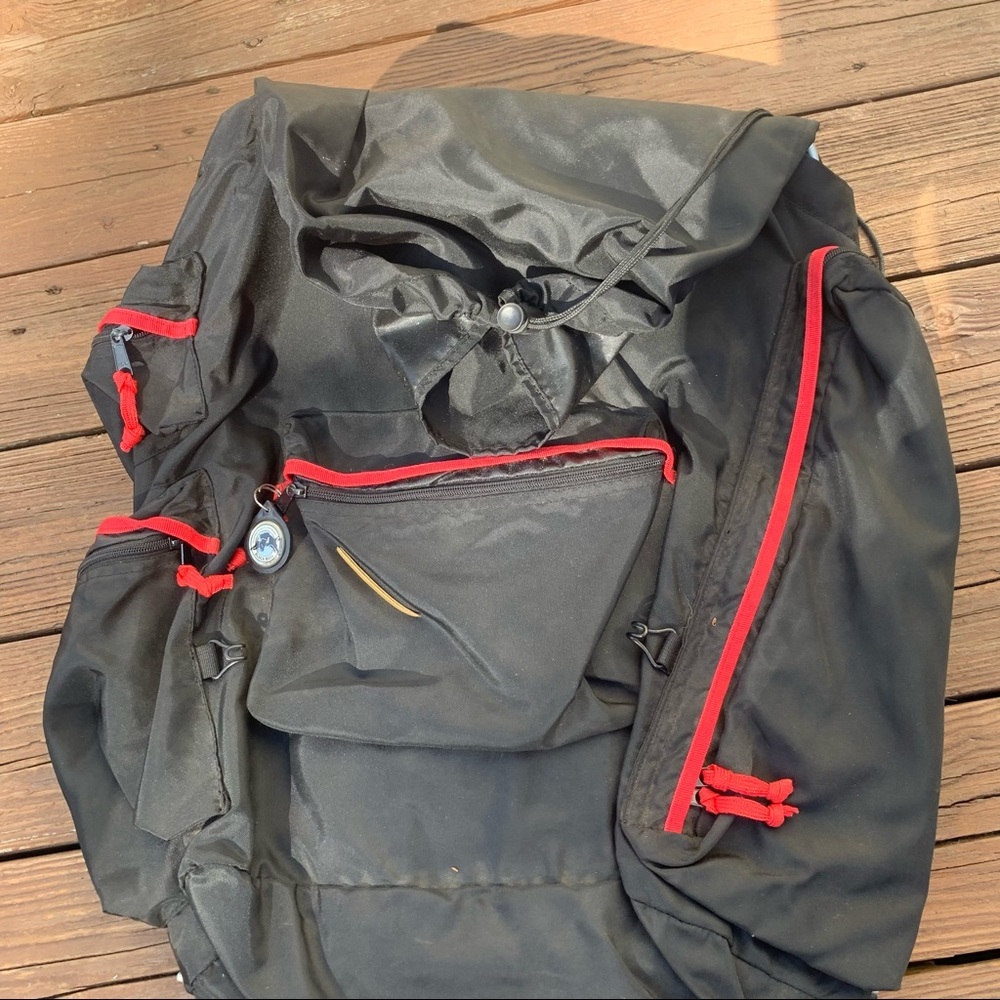 Black backpacking external frame backpack
